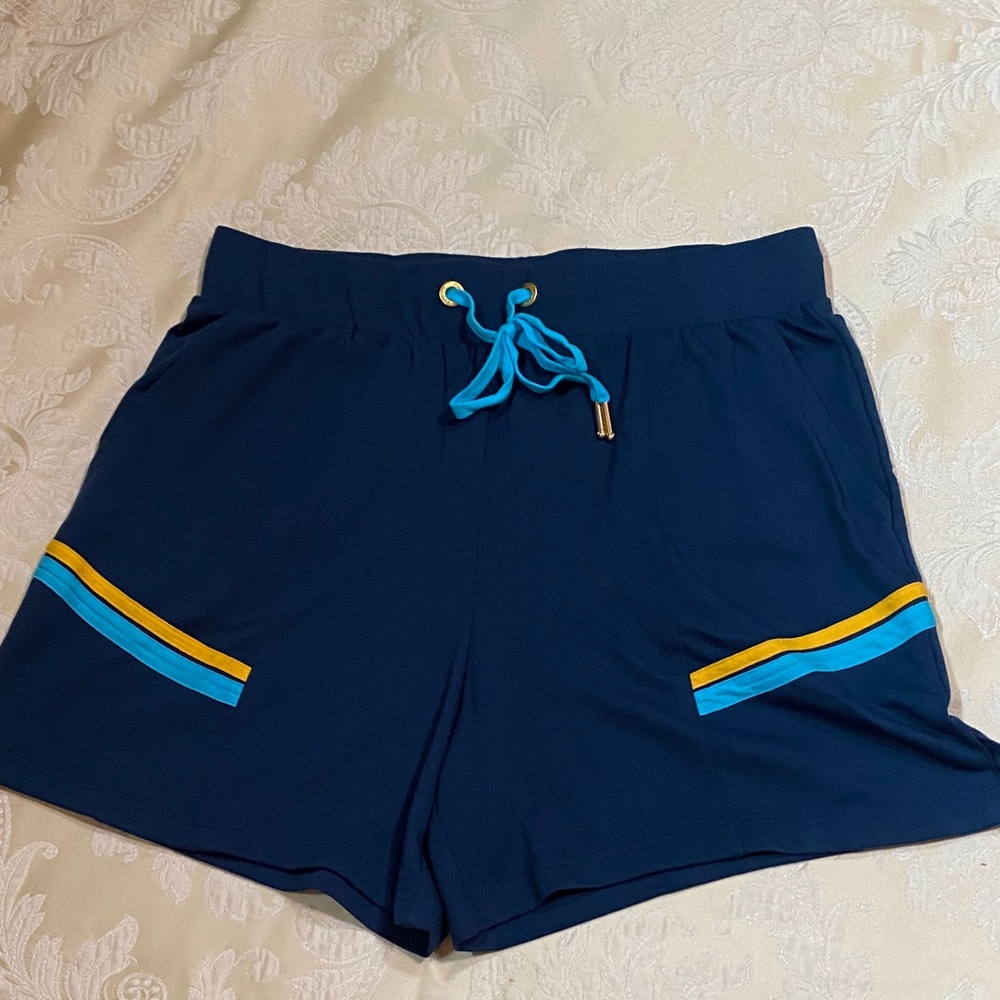 NWOT AK Sport Navy Shorts with Mustard Yellow & Turquoise Stripes